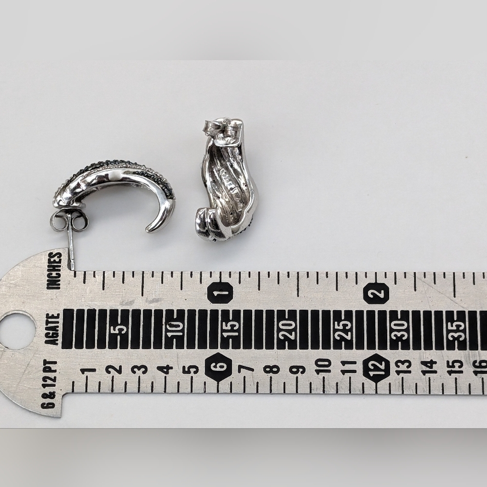 Sterling Silver Oxidized Rhodium Diamond Chip 0.8" J Hoop Earrings JWBR 925 - Picture 7 of 7